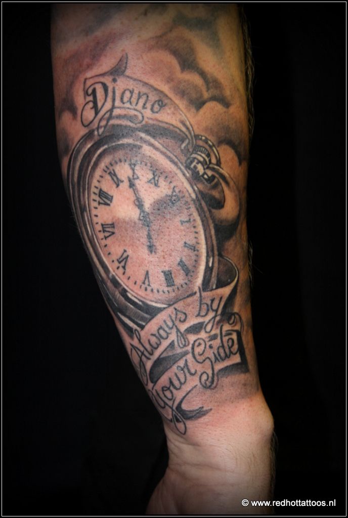 Always by Your Side Banner And Clock Tattoo On Arm