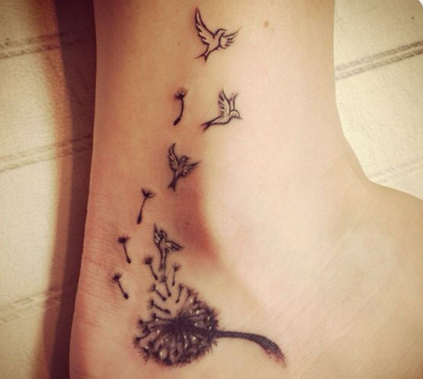 Amazing Birds Flying From Dandelion Tattoo On Ankle