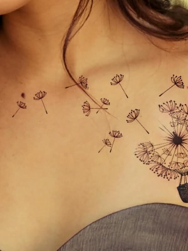 Amazing Blowing Dandelions Tattoo On Front Shoulder