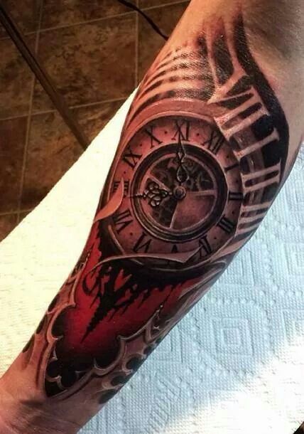 Amazing Clock Tattoo On Forearm by Travis Greenough