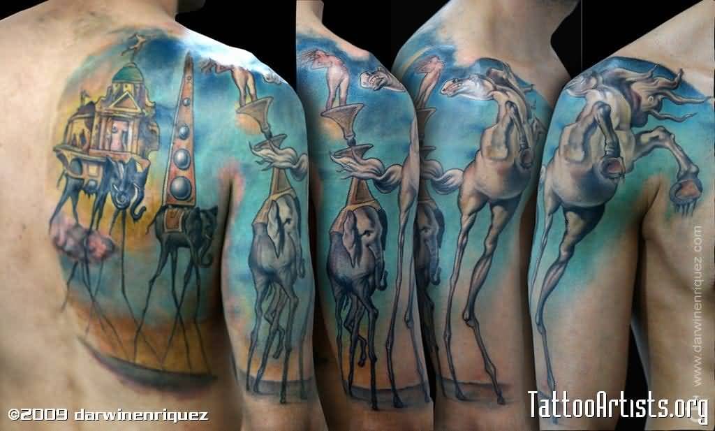 Amazing Colorful Dali Elephant Tattoos by Darwin Enriquez