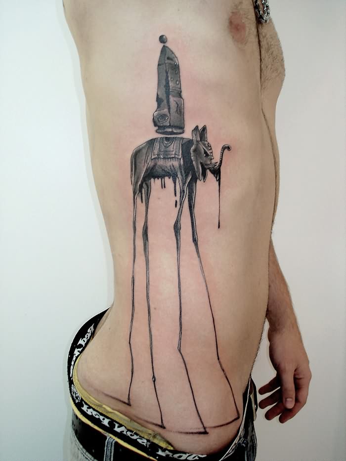 Amazing Dali Elephant Tattoo On Man Side Rib