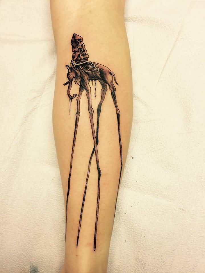 Amazing Grey Dali Elephant Tattoo On Back Leg