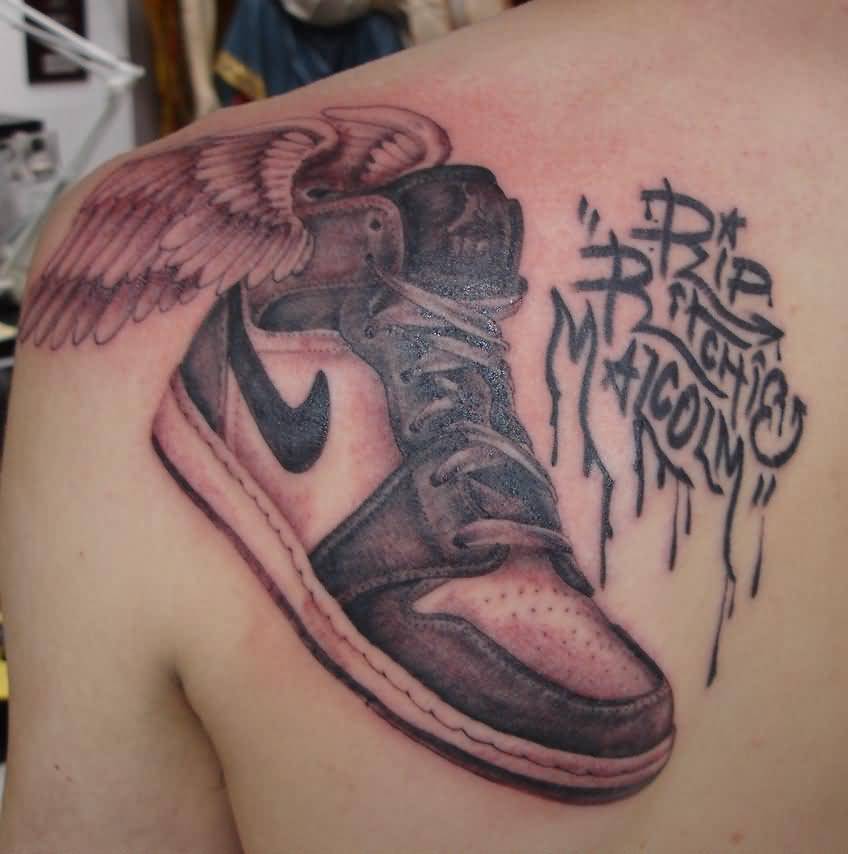 Angel Winged Nike Shoes Tattoo On Left Back Shoulder