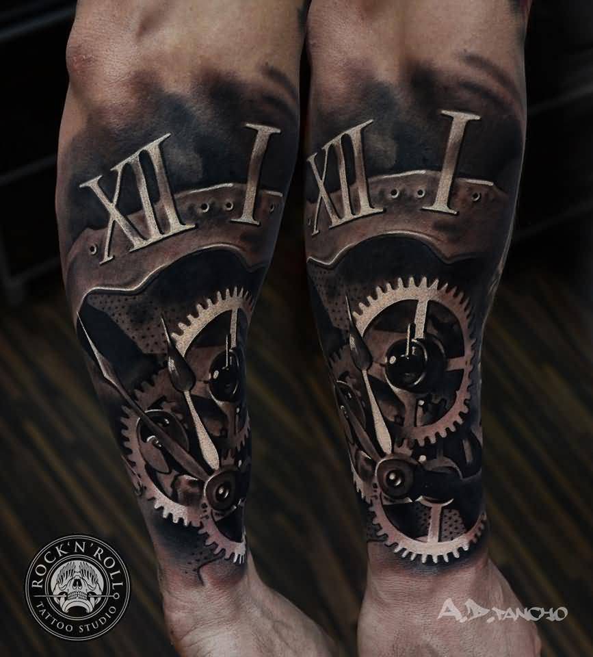 Awesome Broken Clock Tattoo On Arm Sleeve