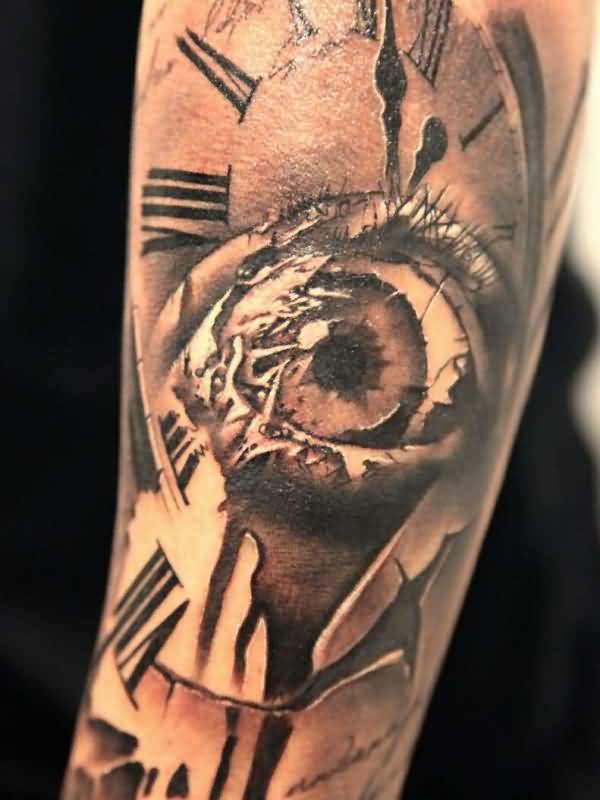 Awesome Realistic Clock With Crying Eye Tattoo
