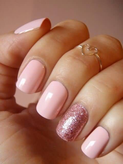 Baby Pink Nails With Rose Glitter Accent Nail Art