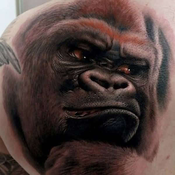 Back Shoulder Realistic Chimpanzee Tattoo