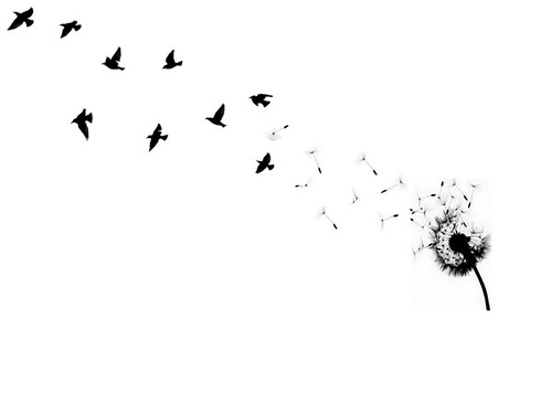 Beautiful Birds Blowing From Black Dandelion Tattoo Design