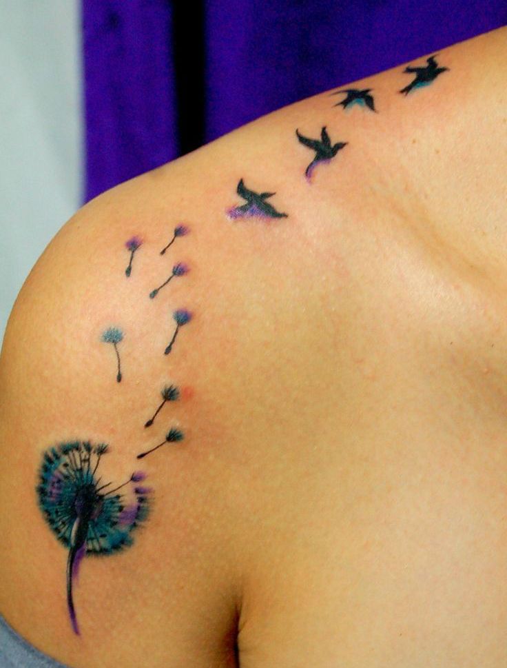 Beautiful Birds Flying From Dandelion Tattoo On Shoulder
