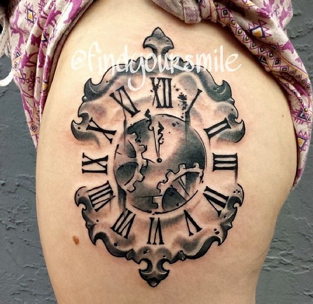 Beautiful Clock Tattoo On Side Thigh For Women