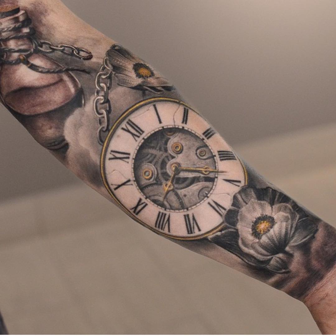 Beautiful Grey And White Flowers And Clock Tattoos On Forearm