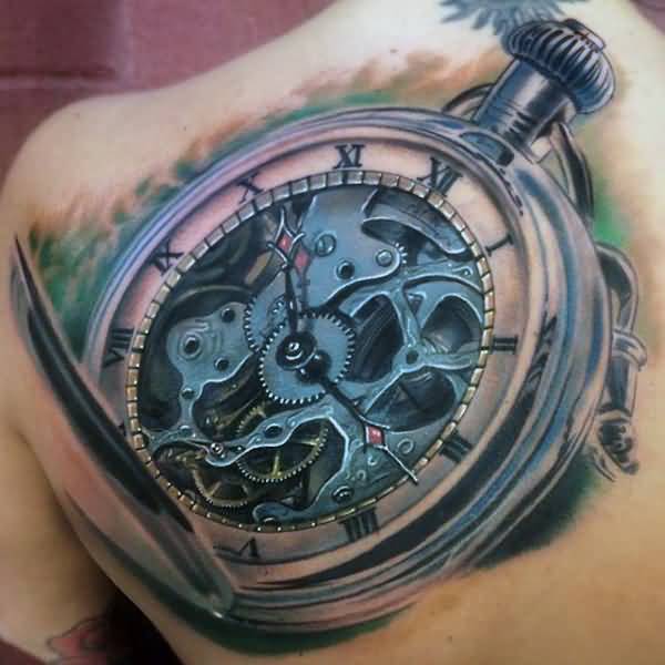 Beautiful Mechanical Clock Tattoo On Left Back Shoulder