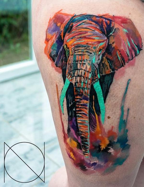 Beautiful Watercolor Dali Elephant Tattoo