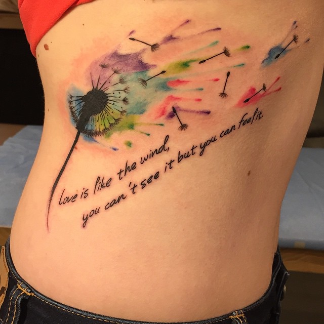 Beautiful Watercolored Dandelion Tattoo With Quote On Side Rib For Girl