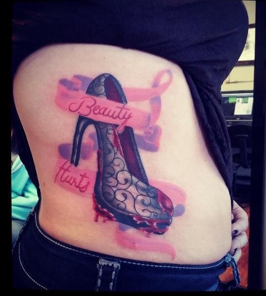 Beauty Hurts Female Shoes Tattoo On Side Rib