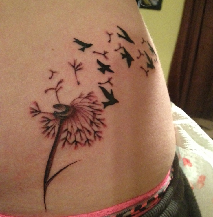 Birds Blowing From Dandelion In Black And Red Ink Tattoo On Hip