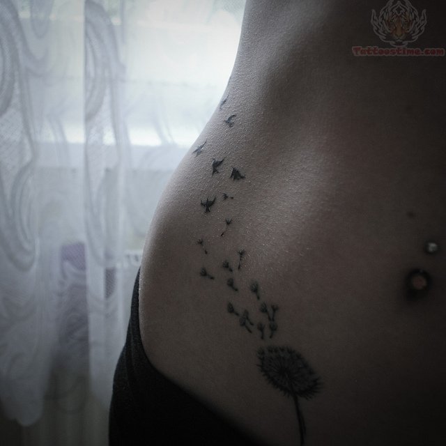 Birds Blowing From Dandelion In Small Size Tattoo On Right Hip