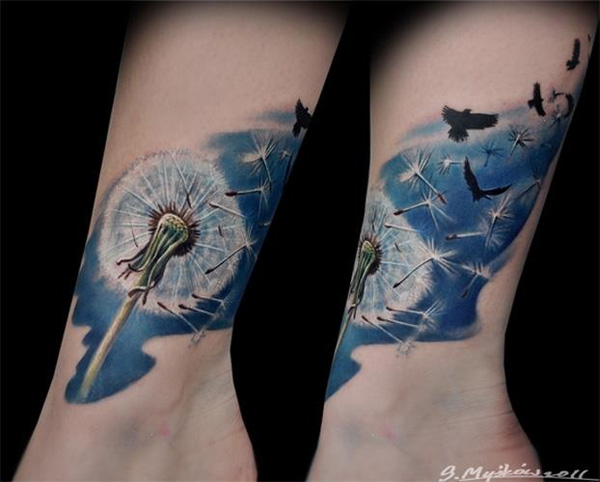 Birds Blowing From Dandelion In Watercolor Tattoo On Both Wrists