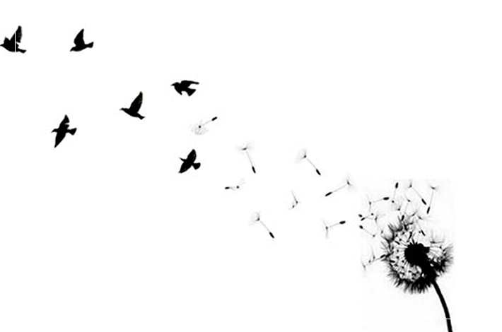 Birds Flying From Dandelion In Black Ink Tattoo Design