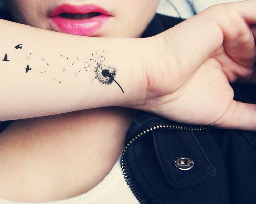 Birds Flying From Dandelion In Black Ink Tattoo On Wrist For Girl