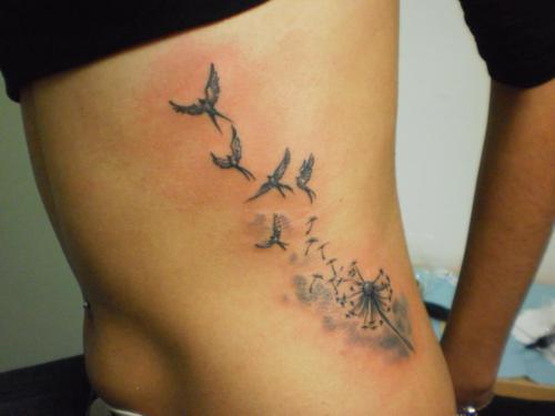 Birds Flying from Dandelion In Adorable Shape Tattoo on Right Hip