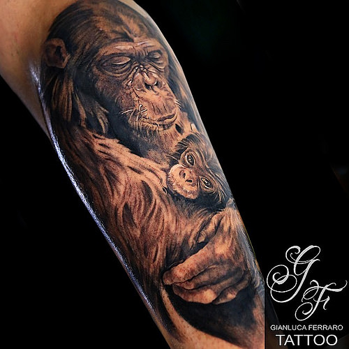 Black And Grey Chimpanzee Tattoo On Full Sleeve