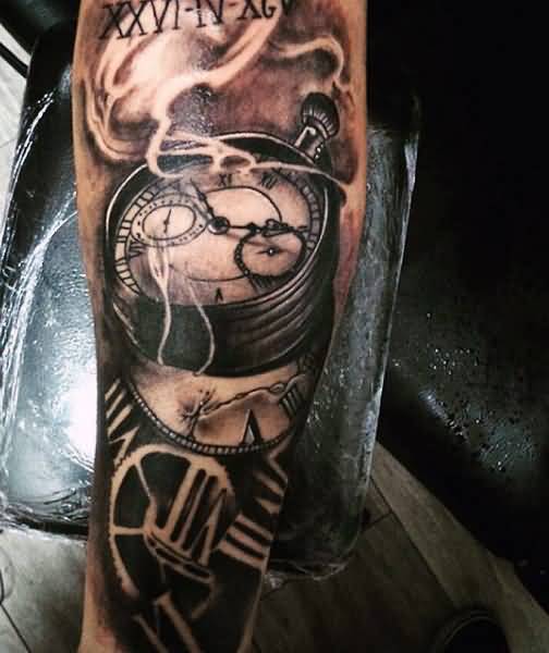 Black And Grey Clock Tattoo On Arm Sleeve