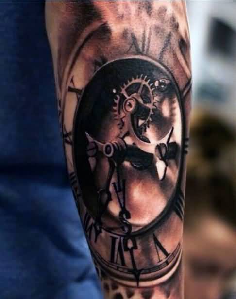 Black And Grey Clock Tattoo On Arm