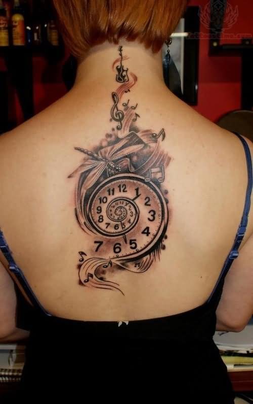 Black And Grey Clock Tattoo On Girl Upper Back
