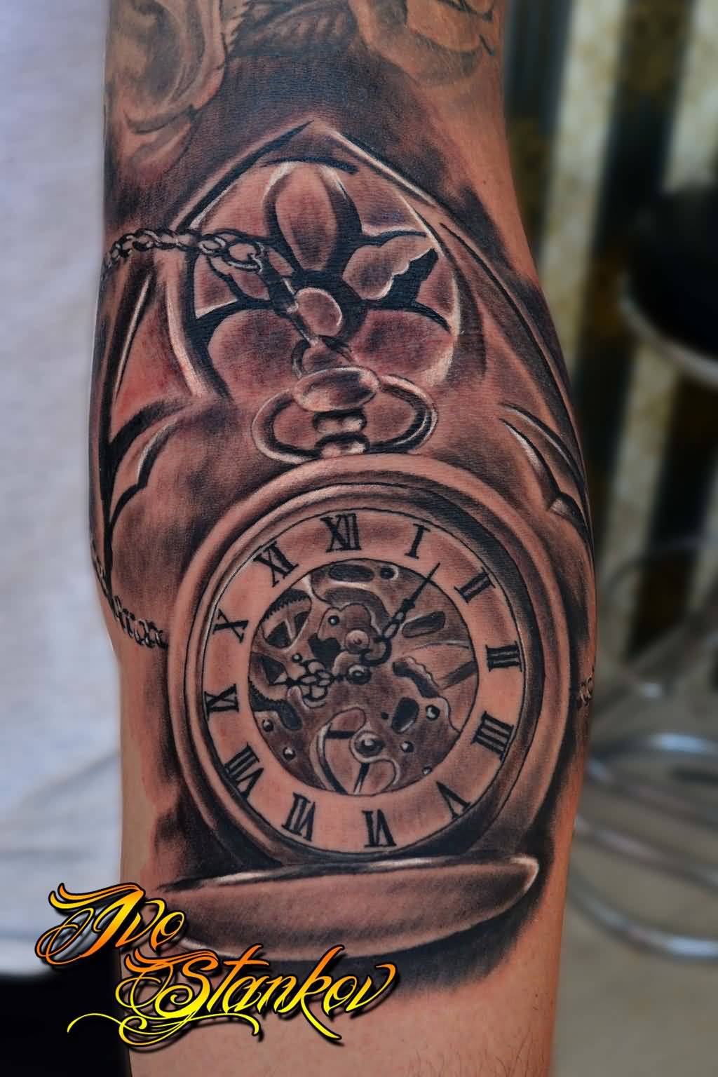 Black And Grey Clock Tattoo On Left Sleeve by Ivostankov