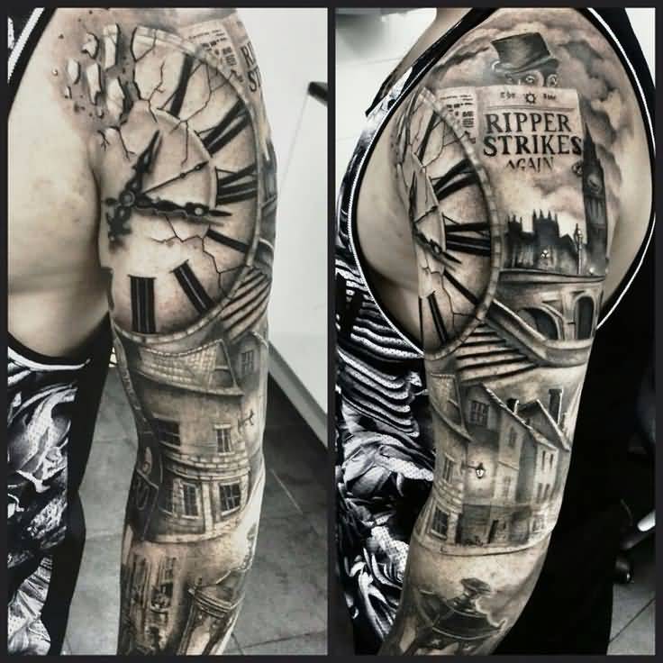 Black And Grey Clock Tattoo On Man Left Sleeve