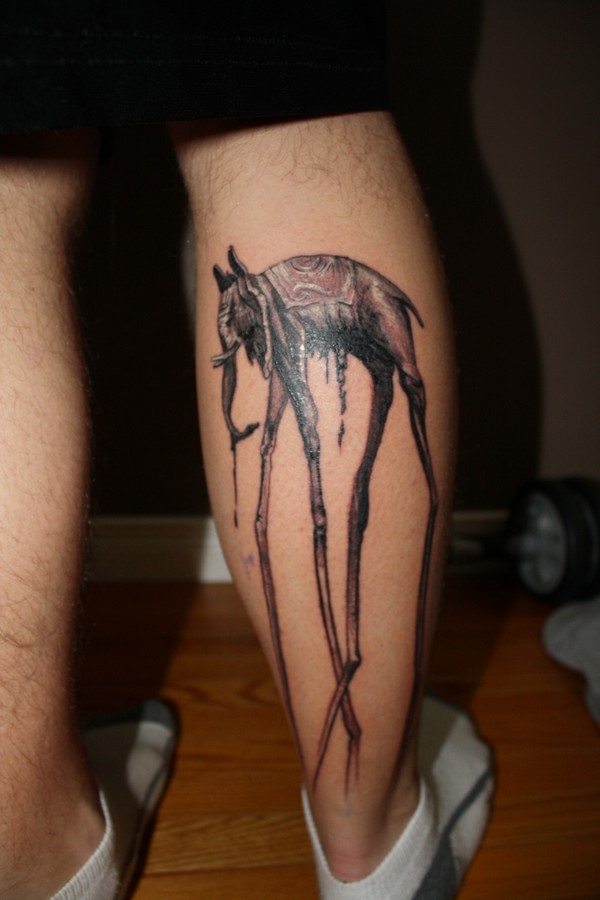 Black And Grey Dali Elephant Tattoo On Leg Calf