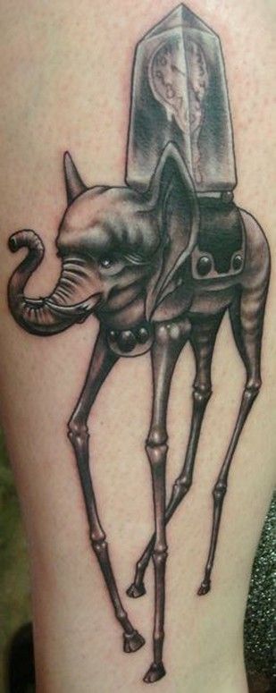Black And Grey Dali Elephant Tattoo by Ben Rettke