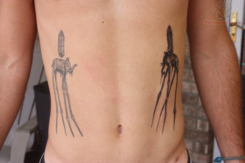 Black And Grey Dali Elephant Tattoos On Both Hips