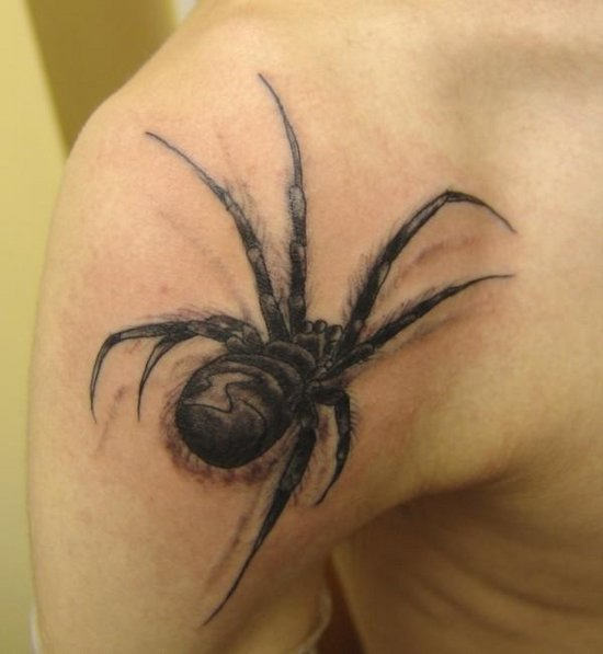 Black And Grey Ink Arachnid Tattoo On Left Shoulder