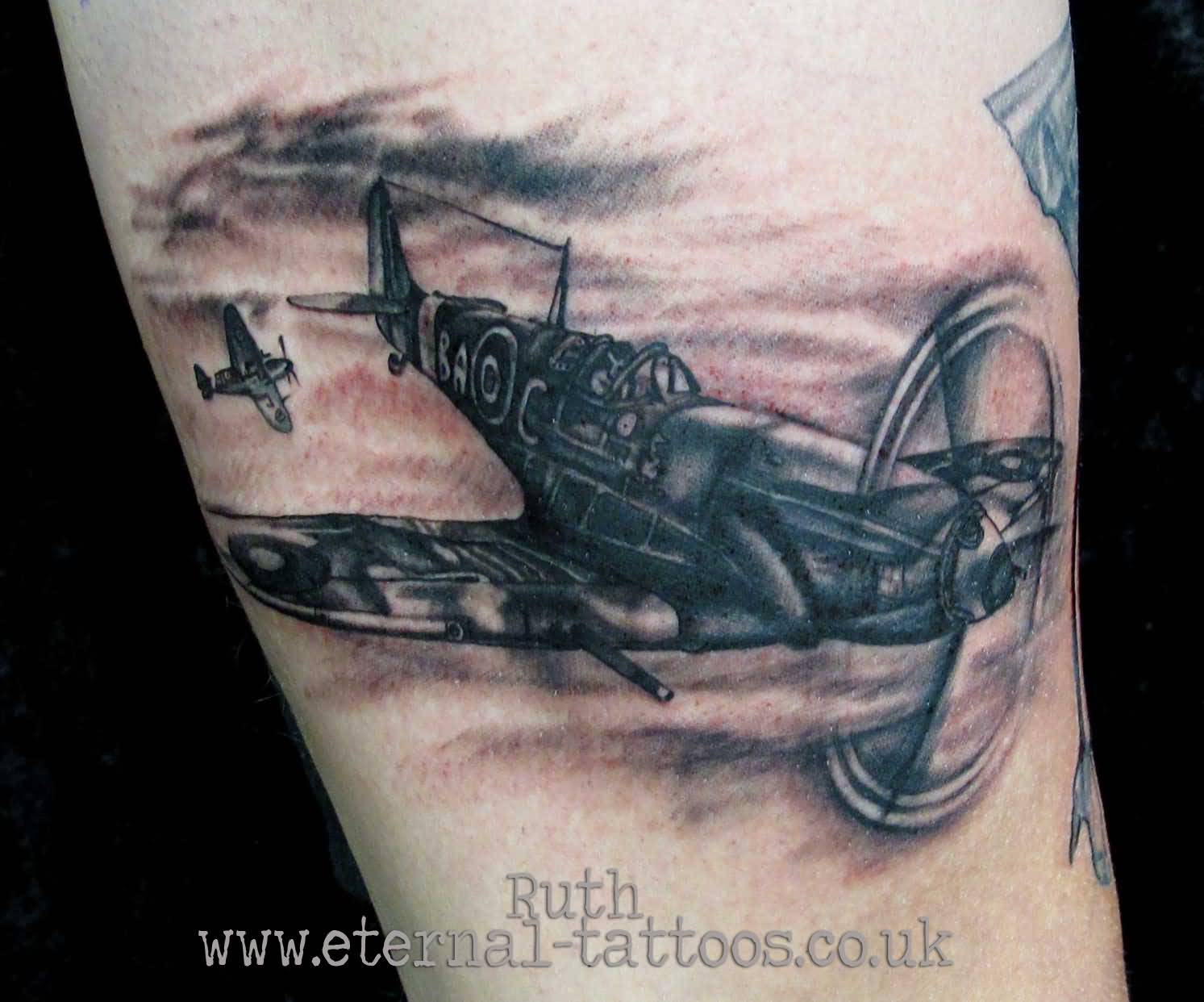 Black And Grey Ink Spitfire Tattoo