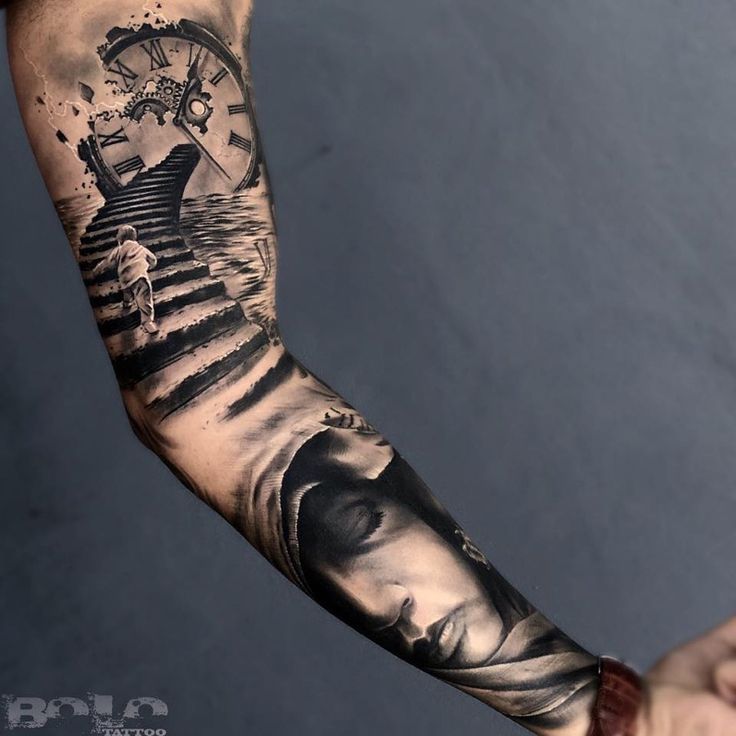 Black And Grey Unique Clock Tattoo On Left Sleeve