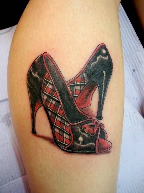 Black And Red Shoes Tattoo On Leg