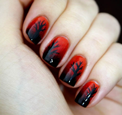 Black And Red Tree Design Ombre Nail Art