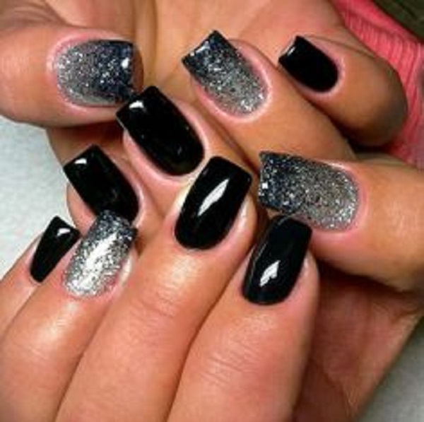 Black And Silver Glitter Ombre Nail Art