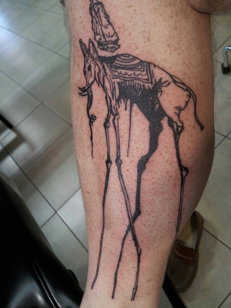 Black And White Dali Elephant Tattoo On Leg