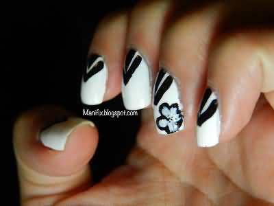 Black And White Flower Accent Nail Art Design Idea