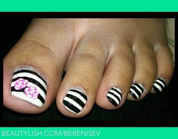 Black And White Stripes Feet Nails With Pink Flowers Accent Nail Art
