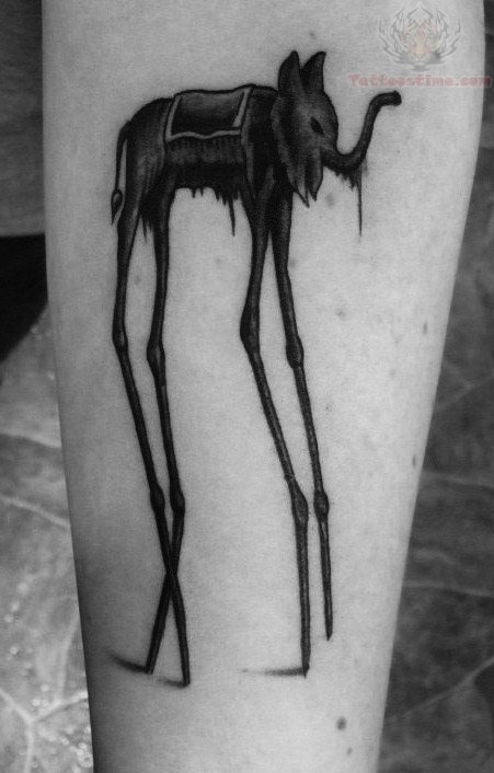 Black Dali Elephant Tattoo On Left Forearm