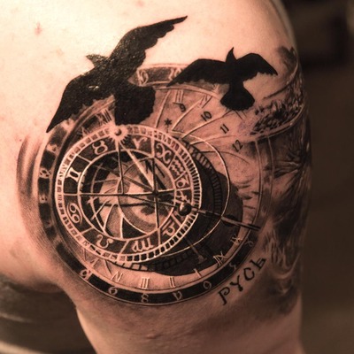 Black Flying Birds And Clock Tattoo On Left Shoulder