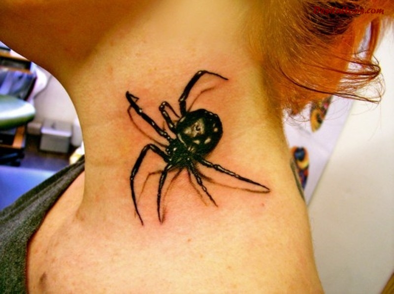 Black Ink Arachnid Tattoo On Girl Side Neck
