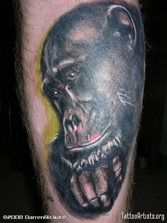 Black Ink Chimpanzee Head Tattoo on Arm