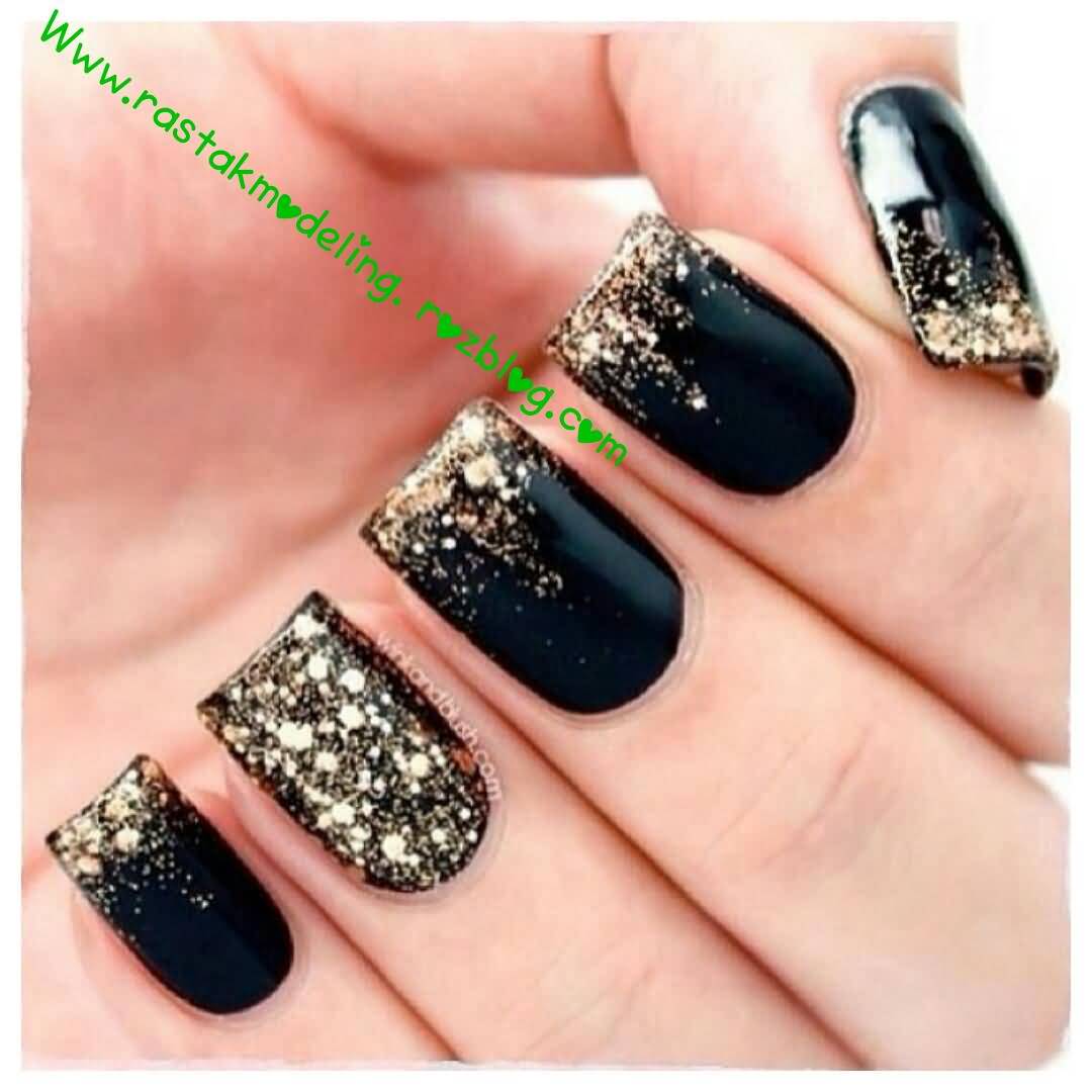 Black Matte And Gold Glitter Ombre Nail Art