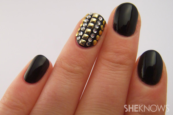 Black Matte Nails With Caviar Accent Nail Art